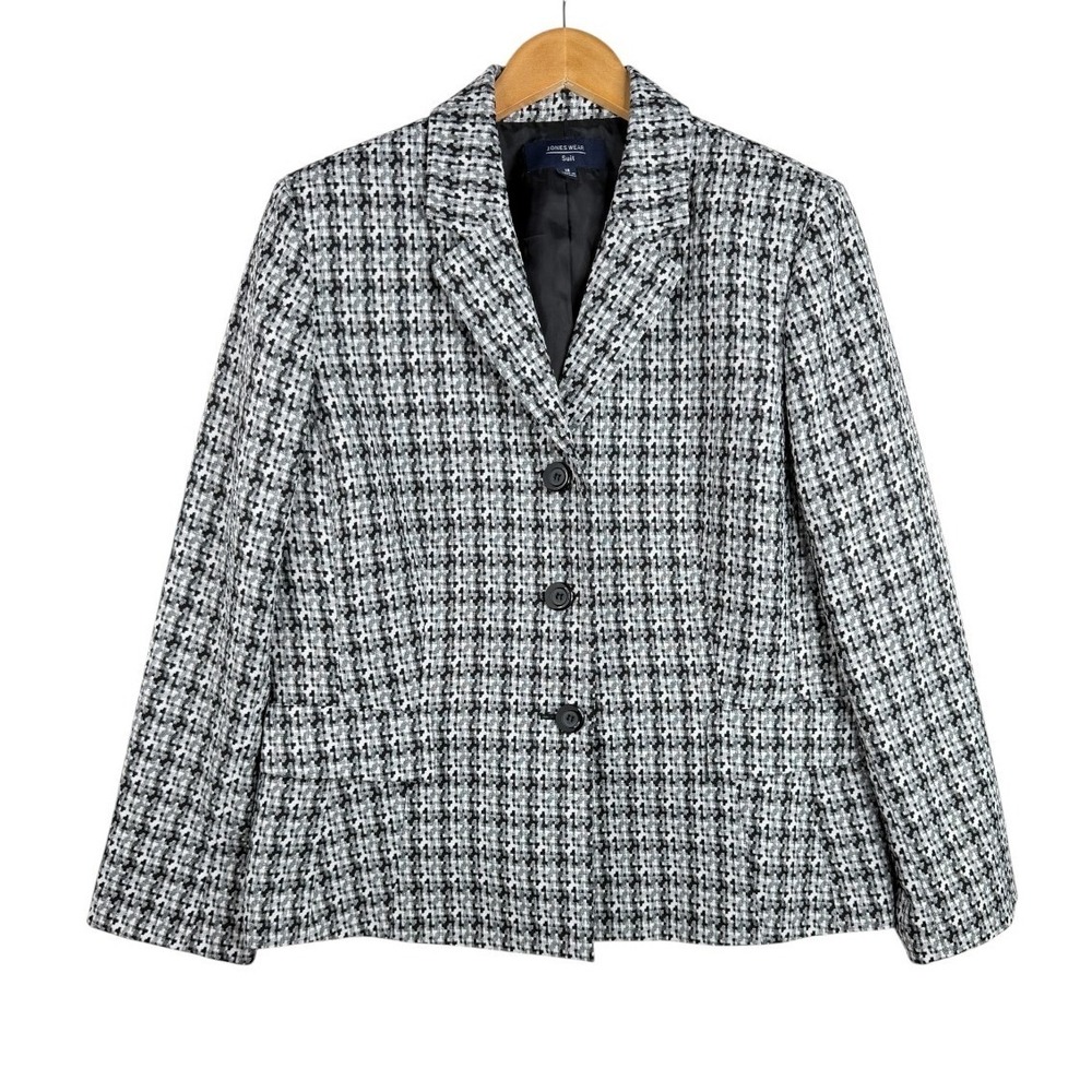 Jones Women's Wear Three Button Plaid Tweed Blazer Jacket size 18 Black/White